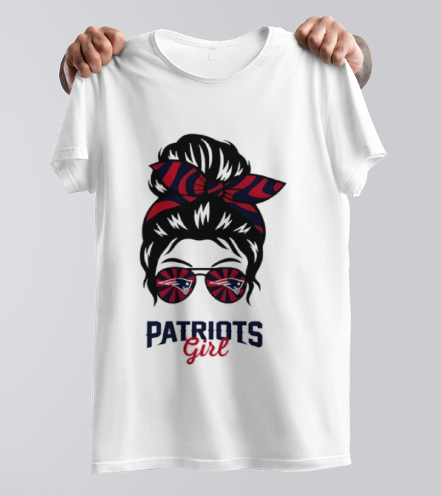 Patriots Girl Messy Bun Glasses Red Blue Bow Fan T-Shirt