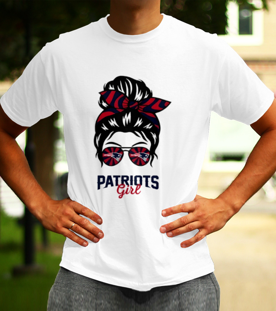 Patriots Girl Messy Bun Glasses Red Blue Bow Fan T-Shirt