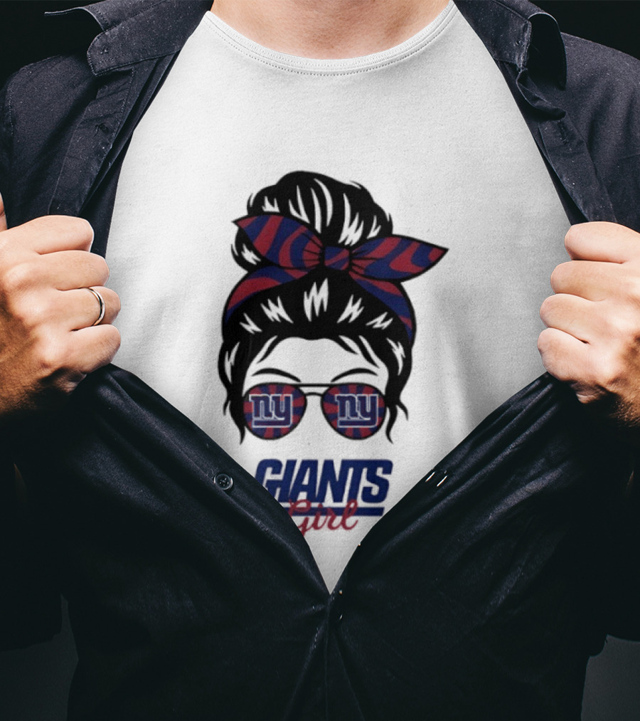 New York Giants Girl Messy Bun Glasses Bow T-Shirt