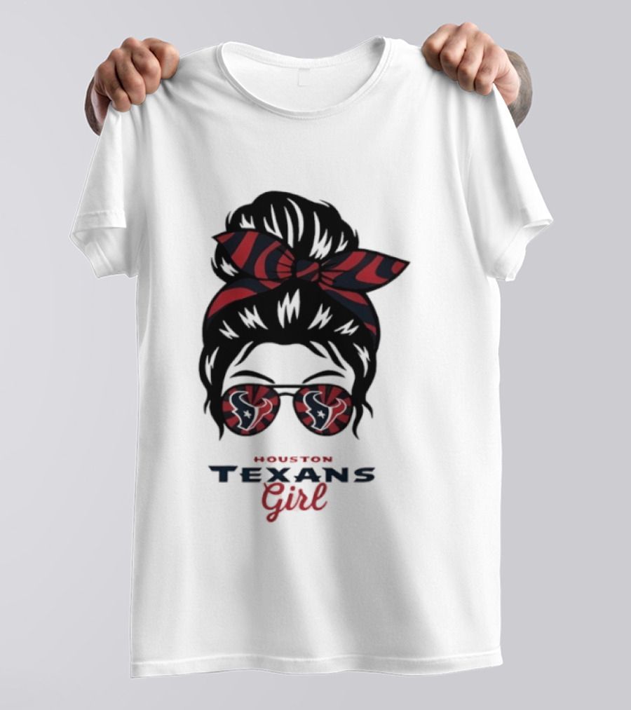 Houston Texans Girl Messy Bun Bow Sunglasses T-Shirt