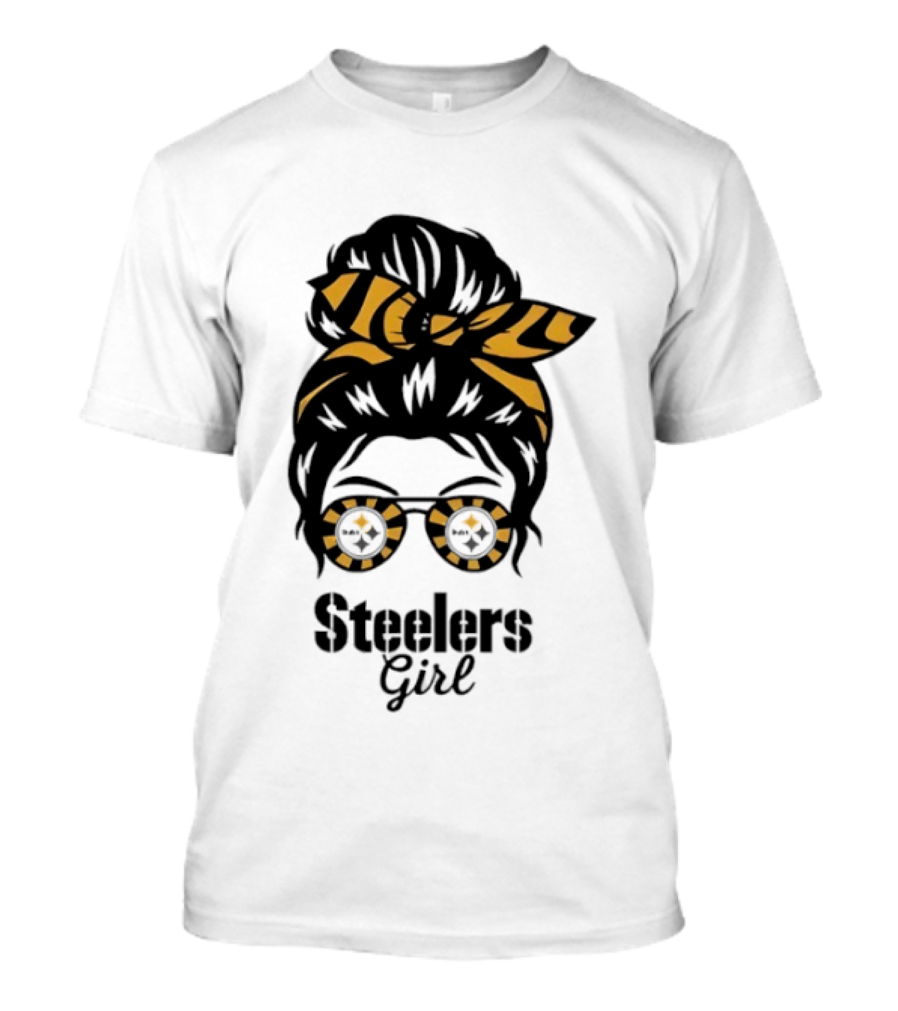 Pittsburgh Steelers Girl Messy Bun Glasses Black Gold Fan T-Shirt