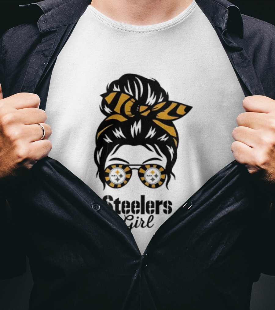 Pittsburgh Steelers Girl Messy Bun Glasses Black Gold Fan T-Shirt