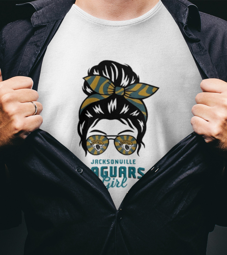 Jacksonville Jaguars Girl Messy Bun Glasses Bow Fan Spirit T-Shirt
