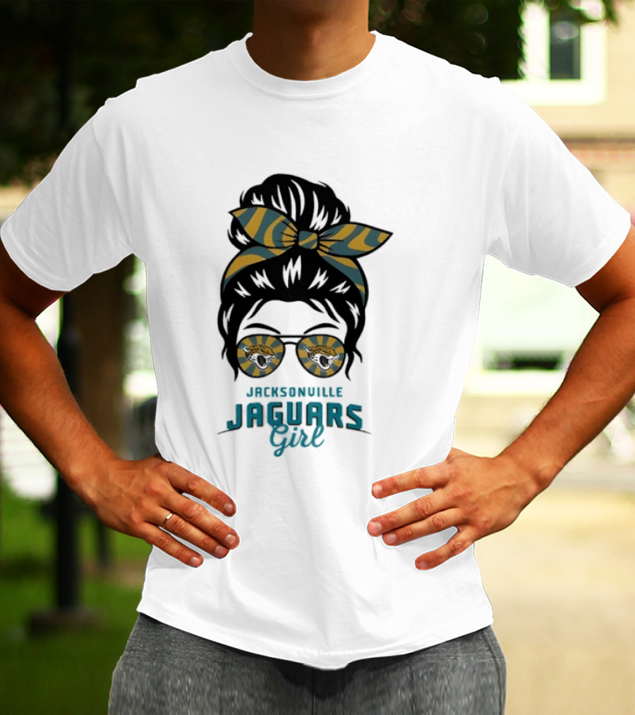 Jacksonville Jaguars Girl Messy Bun Glasses Bow Fan Spirit T-Shirt