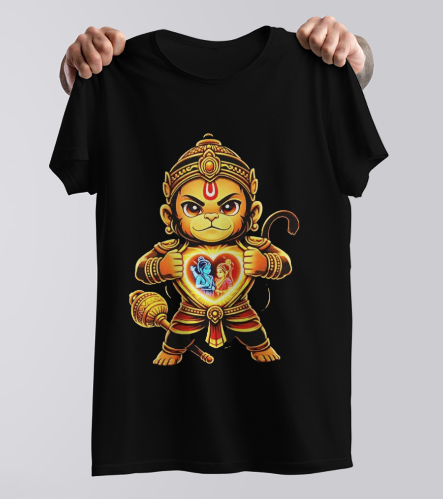 Hanumanji Hanuman Hindu Monkey God Devotee Illustration With Heart Symbol And Ram Sita T-Shirt