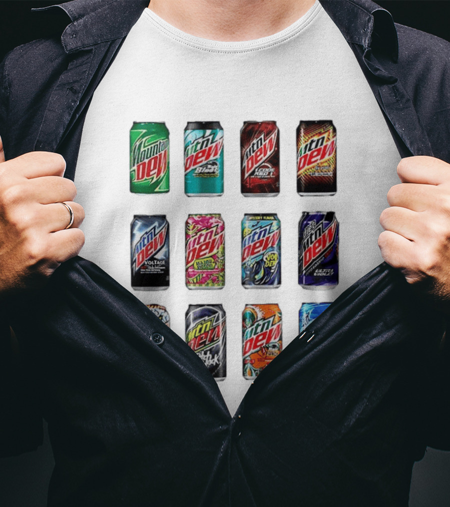Mountain Dew Soda Flavors Black Label Code Red Voltage Spark Typhoon Pitch Black Baja Blast T-Shirt