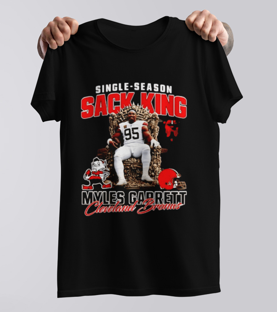 Single Season Sack King Myles Garrett Cleveland Browns 95 Throne Motif T-Shirt