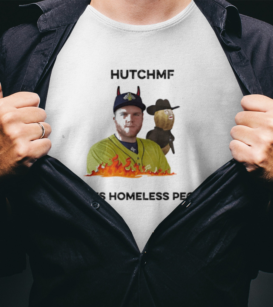 Hutchmf Hates Homeless People Devil Horns Yellow Jersey Flames T-Shirt