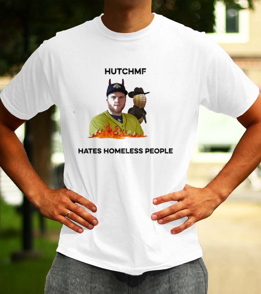 Hutchmf Hates Homeless People Devil Horns Yellow Jersey Flames T-Shirt
