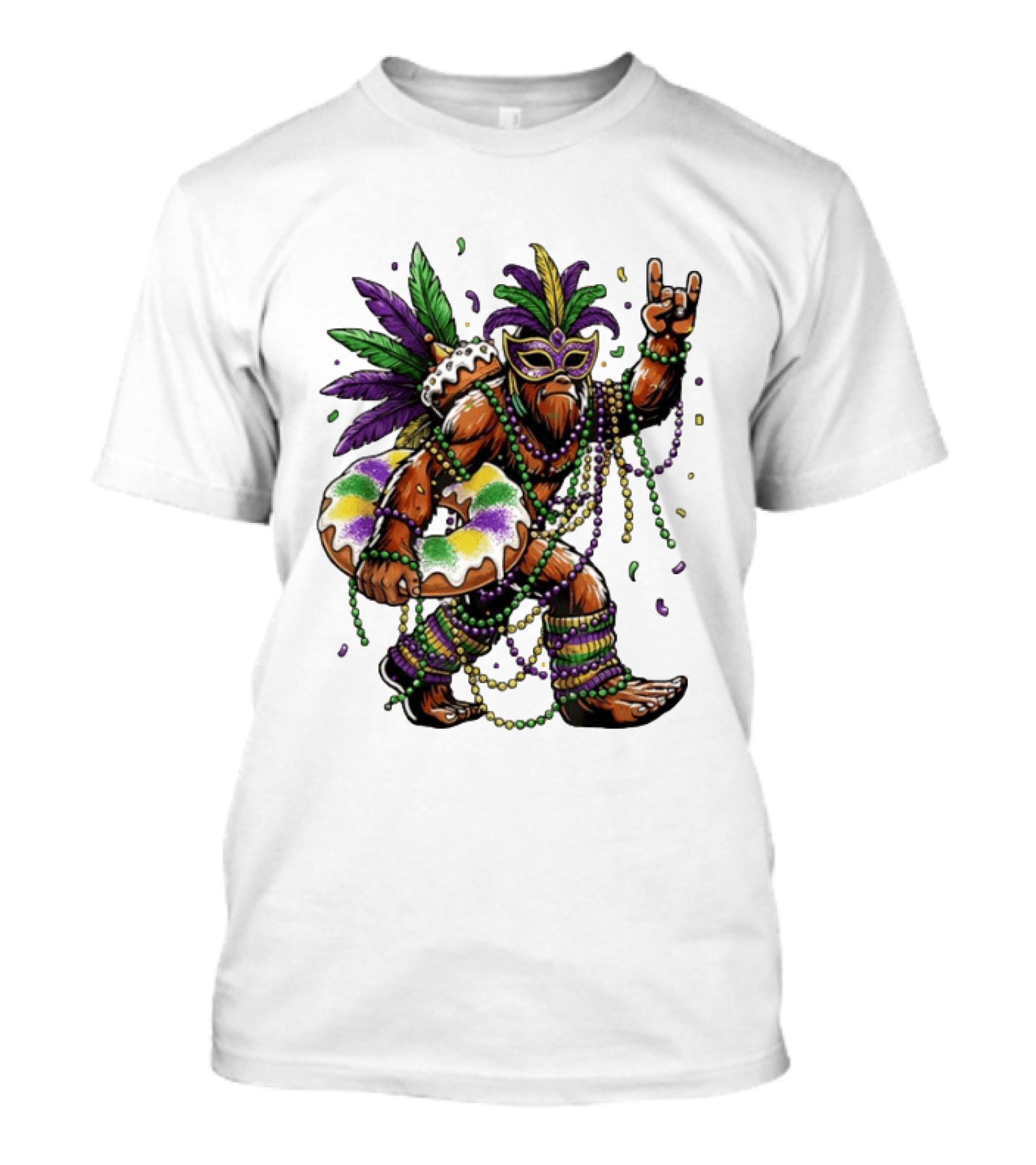 Mardi Gras Bigfoot King Rock And Roll Hand Beads Cake Donut T-Shirt