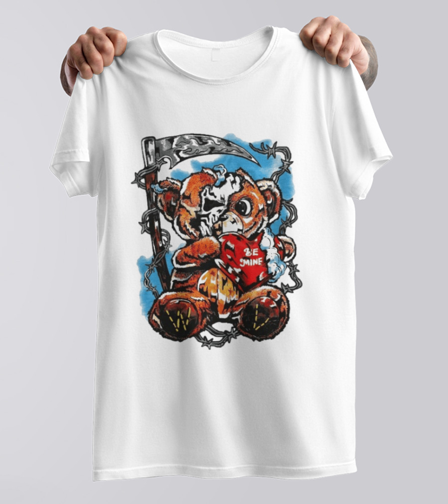 Warren Lotas Be Mine Teddy Grim Reaper Barbed Wire Valentine Scythe T-Shirt