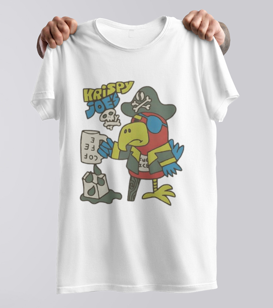 Krispy Joe's Pirate Parrot Coffee Spill Cartoon T-Shirt