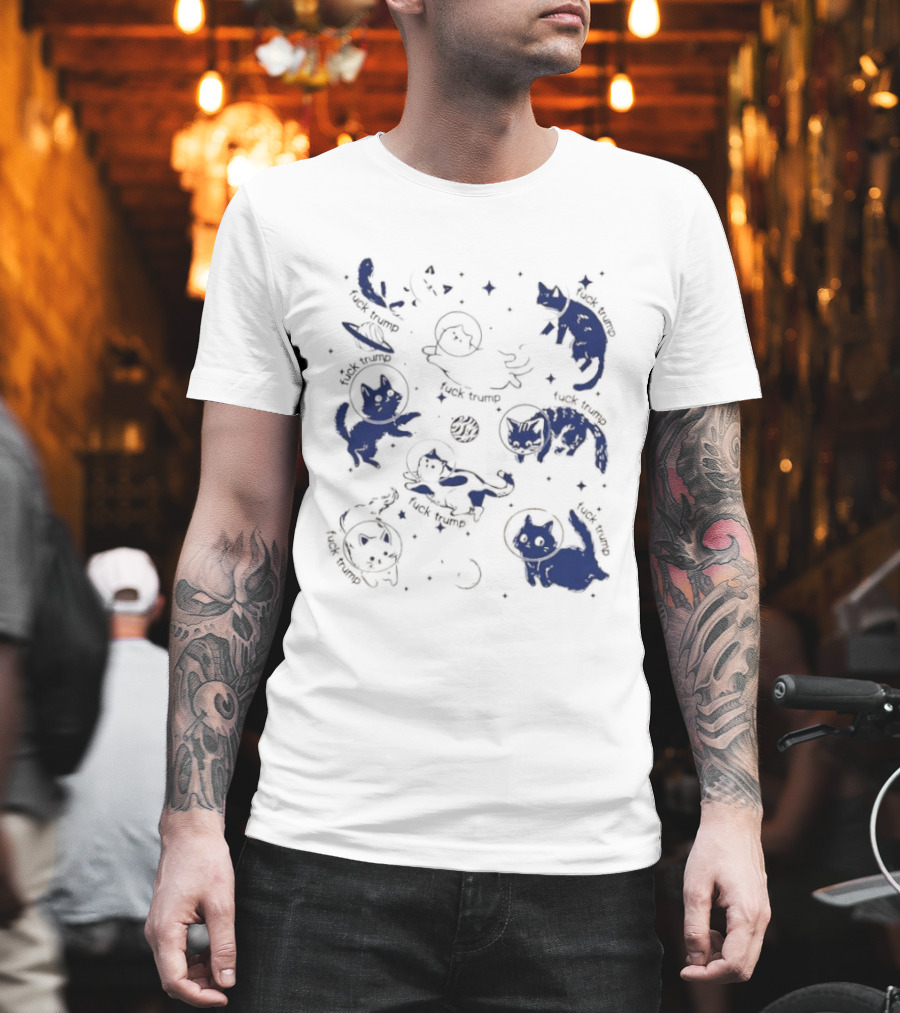 Subtle FDT Cats In Space Stars Orbit And Floating Shapes T-Shirt