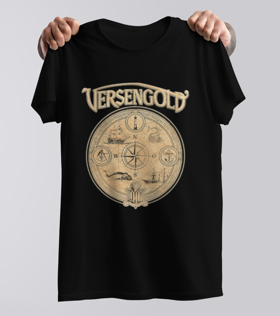 Versengold Nautical Compass Map With Ship Whale Anchor Lighthouse Chart T-Shirt
