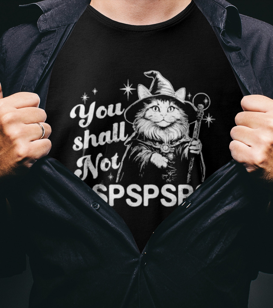 You Shall Not Pspspsps Cat Wizard Gandalf Parody Magic Cloak And Staff Fantasy Feline T-Shirt