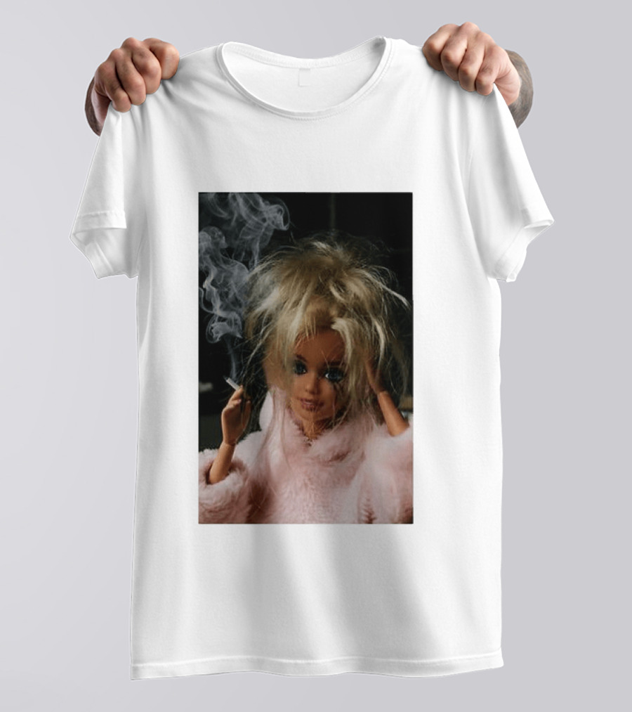 Cigarette Smoking Barbie Doll In Pink Fur Coat T-Shirt
