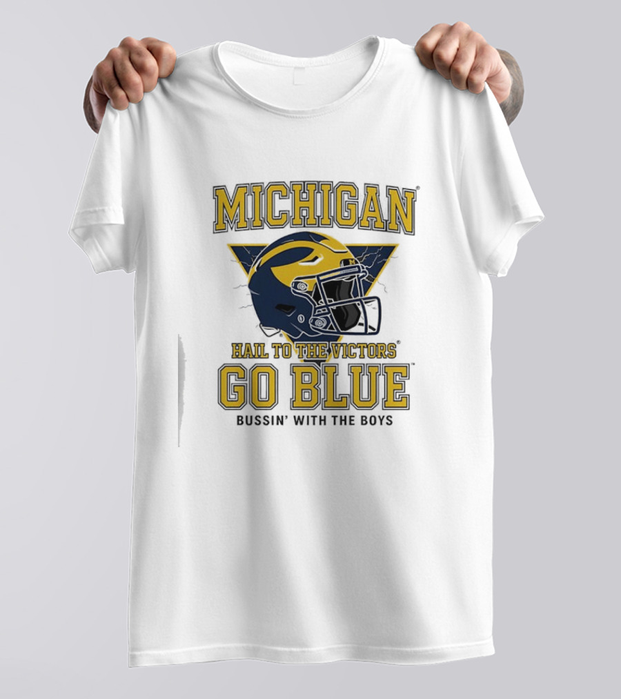 Michigan Hail To The Victors Go Blue Bussin' With The Boys Helmet T-Shirt