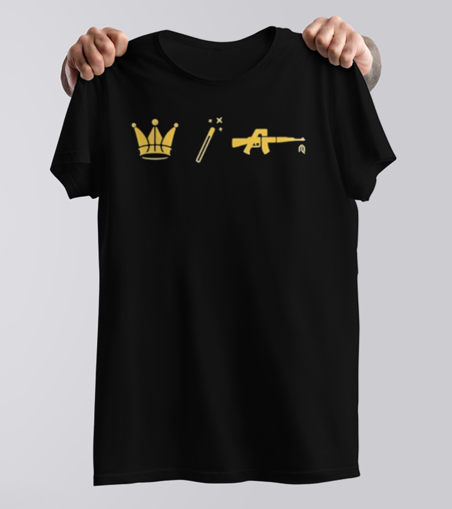 Los Angeles Lakers Big 3 Icons: Crown Wand Gun T-Shirt