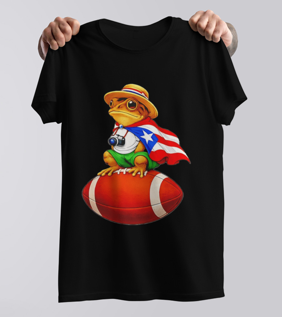 Puerto Rico Coqui Frog With Hat And Flag Sitting On Football T-Shirt