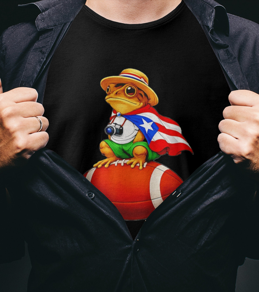 Puerto Rico Coqui Frog With Hat And Flag Sitting On Football T-Shirt
