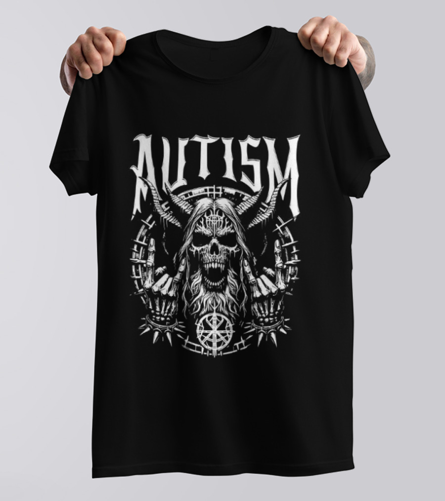 Autism Skull Punk Rock Symbol With Skeleton Hands T-Shirt