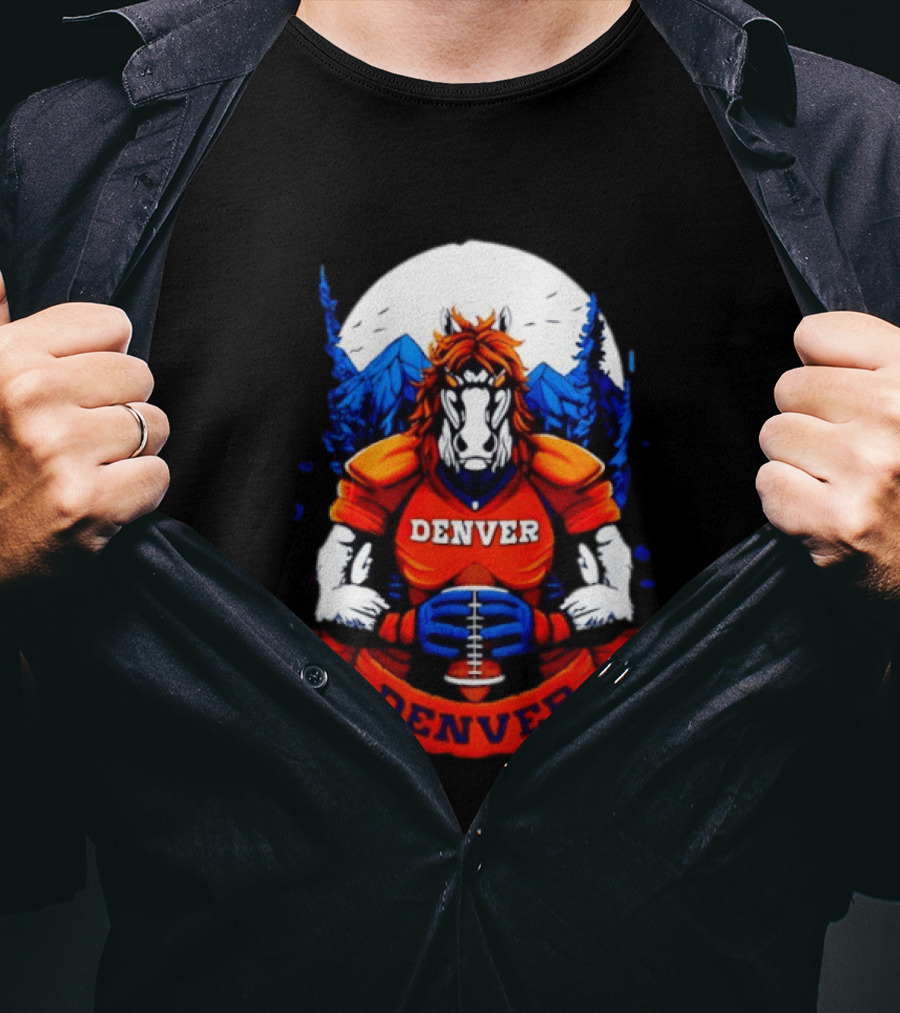 Denver Broncos Wild Horse Football Player With Mountains And Trees T-Shirt