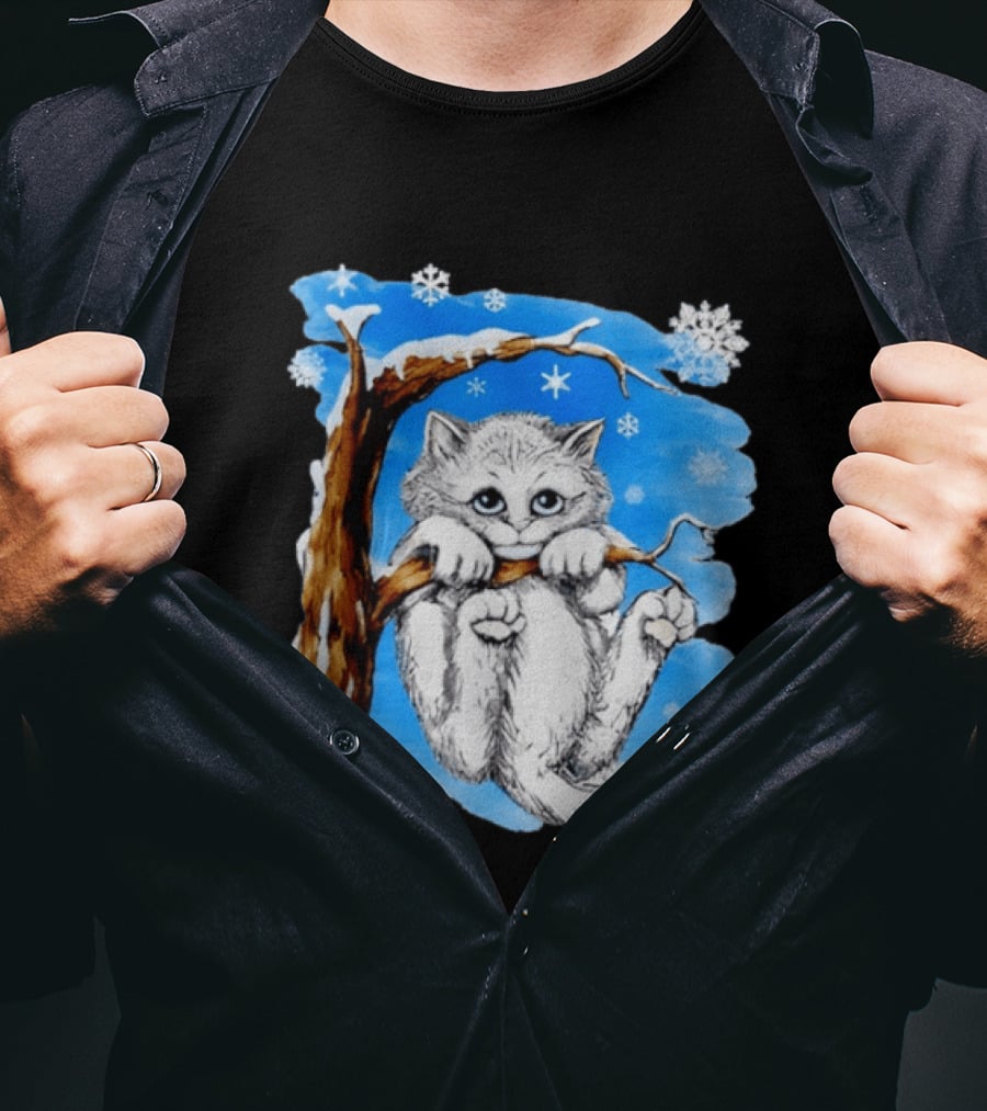 Hang In There Baby Cat In Snow With Snowflakes And Blue Sky T-Shirt