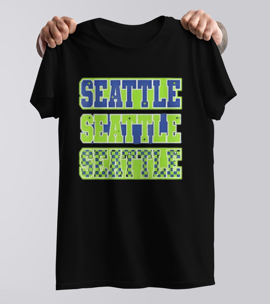 Seattle Blue Green Stars Checkerboard T-Shirt