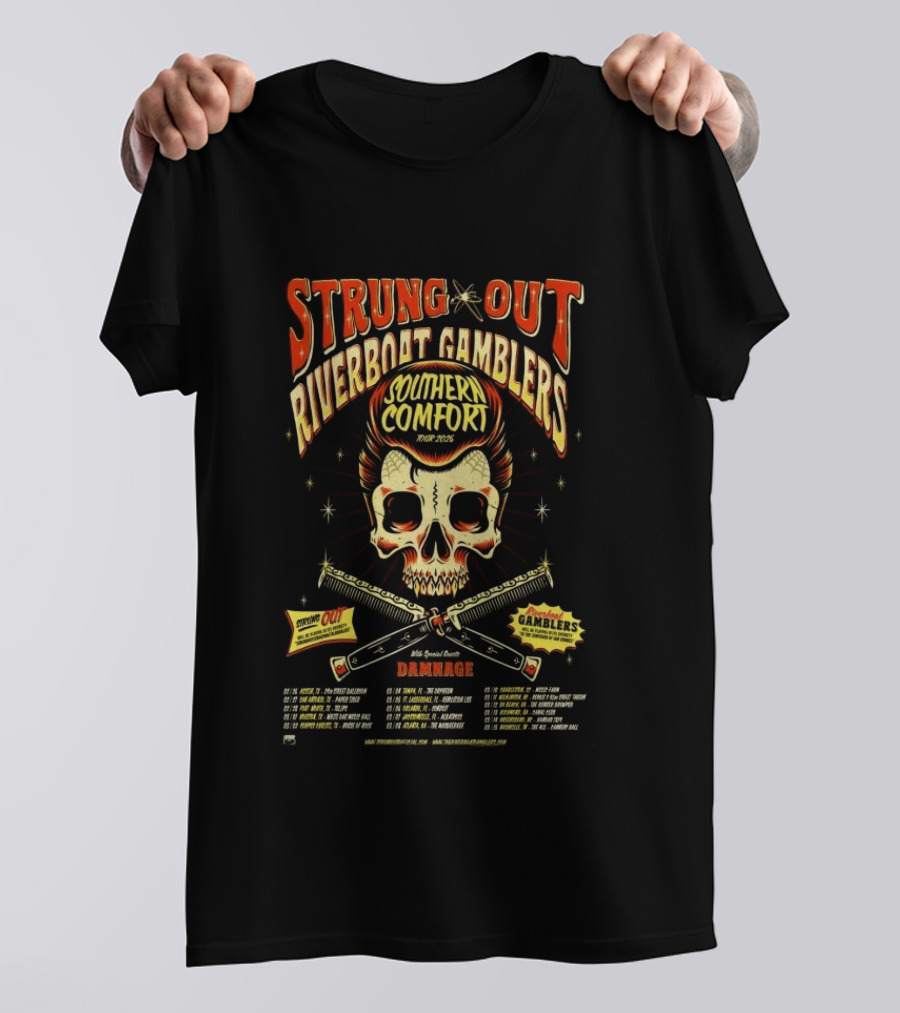 Strung Out Riverboat Gamblers Southern Comfort Tour 2026 With Damage Events T-Shirt