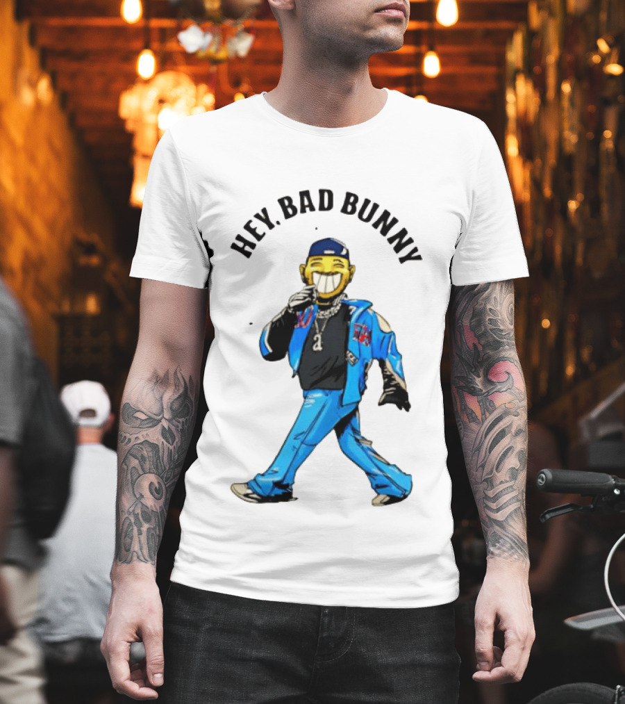 HEY BAD BUNNY Blue Jacket Character Black Outfit Chains T-Shirt