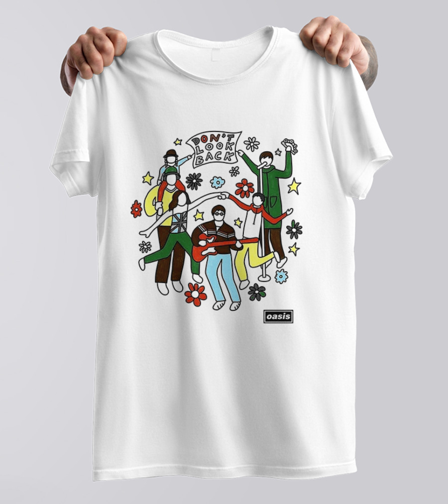 Oasis Don't Look Back Band Scene With Instruments And Flowers T-Shirt