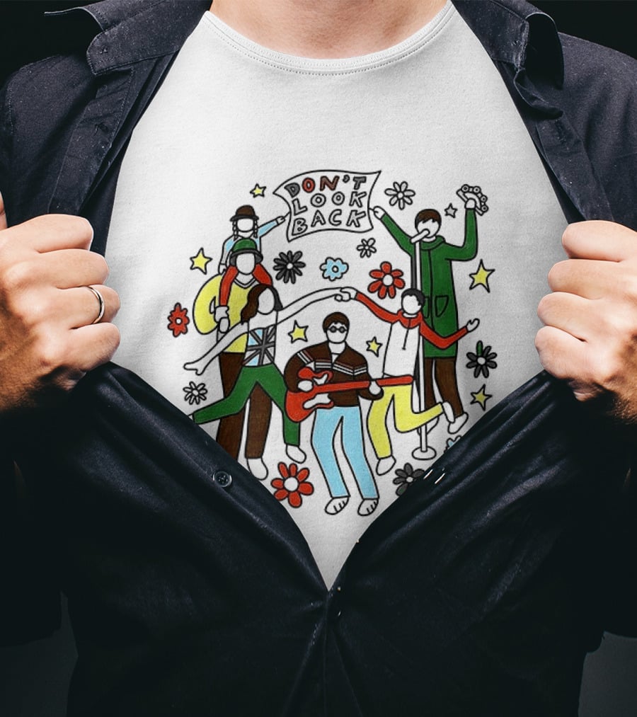 Oasis Don't Look Back Band Scene With Instruments And Flowers T-Shirt