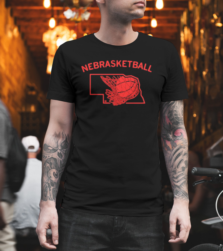 Nebrasketball Nebraska Basketball Red State Silhouette Basketball Net T-Shirt