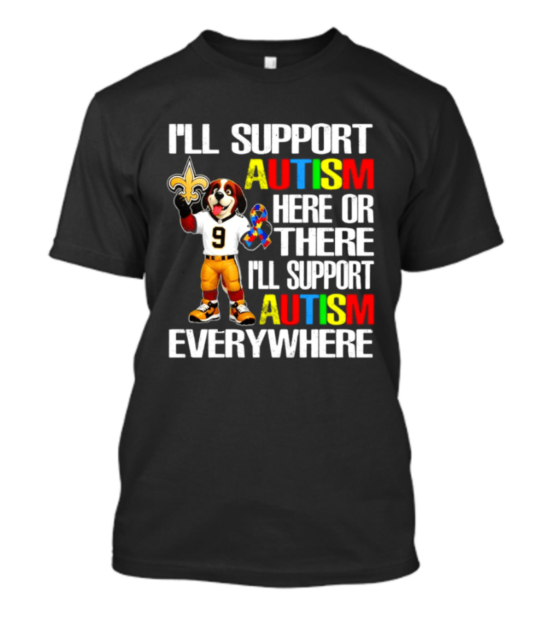 New Orleans Saints Team Mascot Support Autism Awareness Everywhere T-Shirt