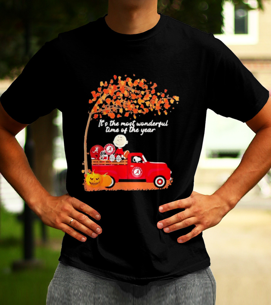 Peanuts Characters Alabama Crimson Tide Pickup Truck Fall Scene T-Shirt