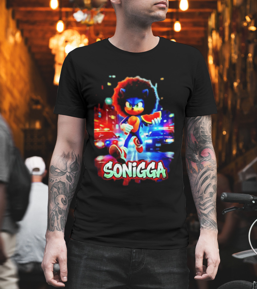 SONIGGA Sonic The Hedgehog Holding Watermelon Afro T-Shirt