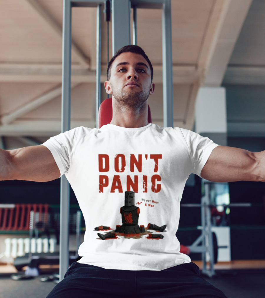 Don't Panic Monty Python Black Knight Sitting In Limbs T-Shirt