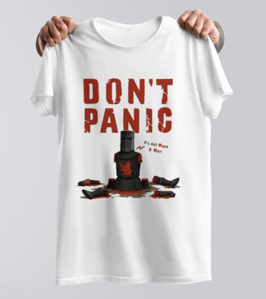 Don't Panic Monty Python Black Knight Sitting In Limbs T-Shirt
