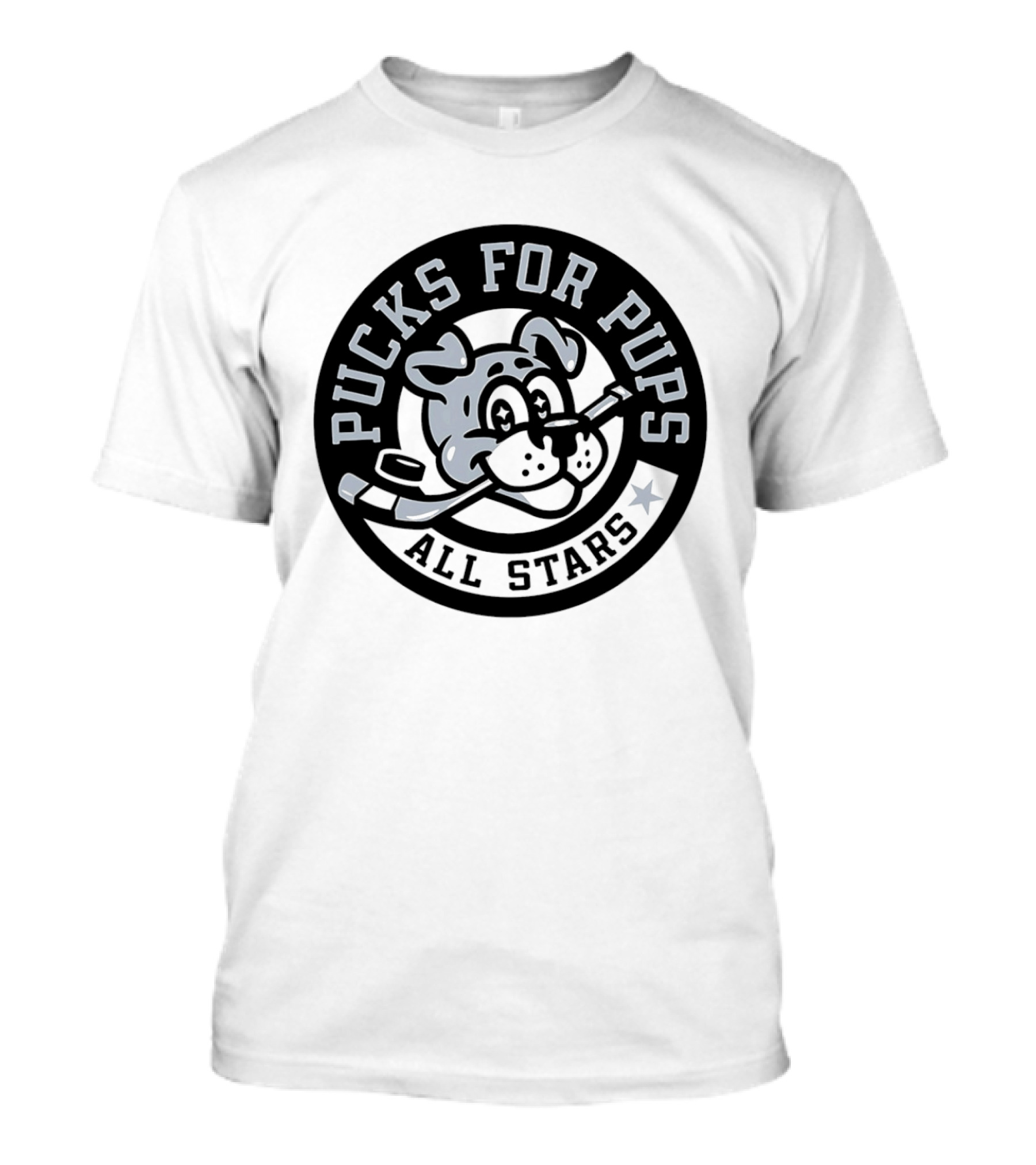 Pucks For Pups All Stars Hockey Dog With Hockey Stick T-Shirt