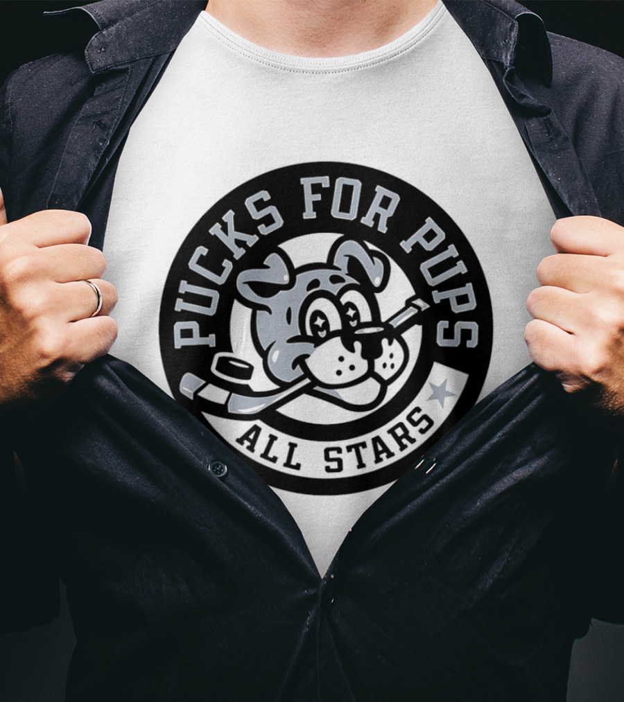Pucks For Pups All Stars Hockey Dog With Hockey Stick T-Shirt