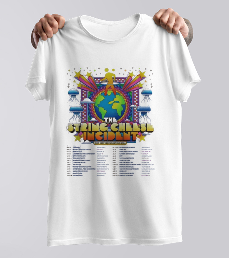 The String Cheese Incident Just Keep Spinning Tour 2026 North America Dates Psychedelic Globe And Jellyfish Motif T-Shirt