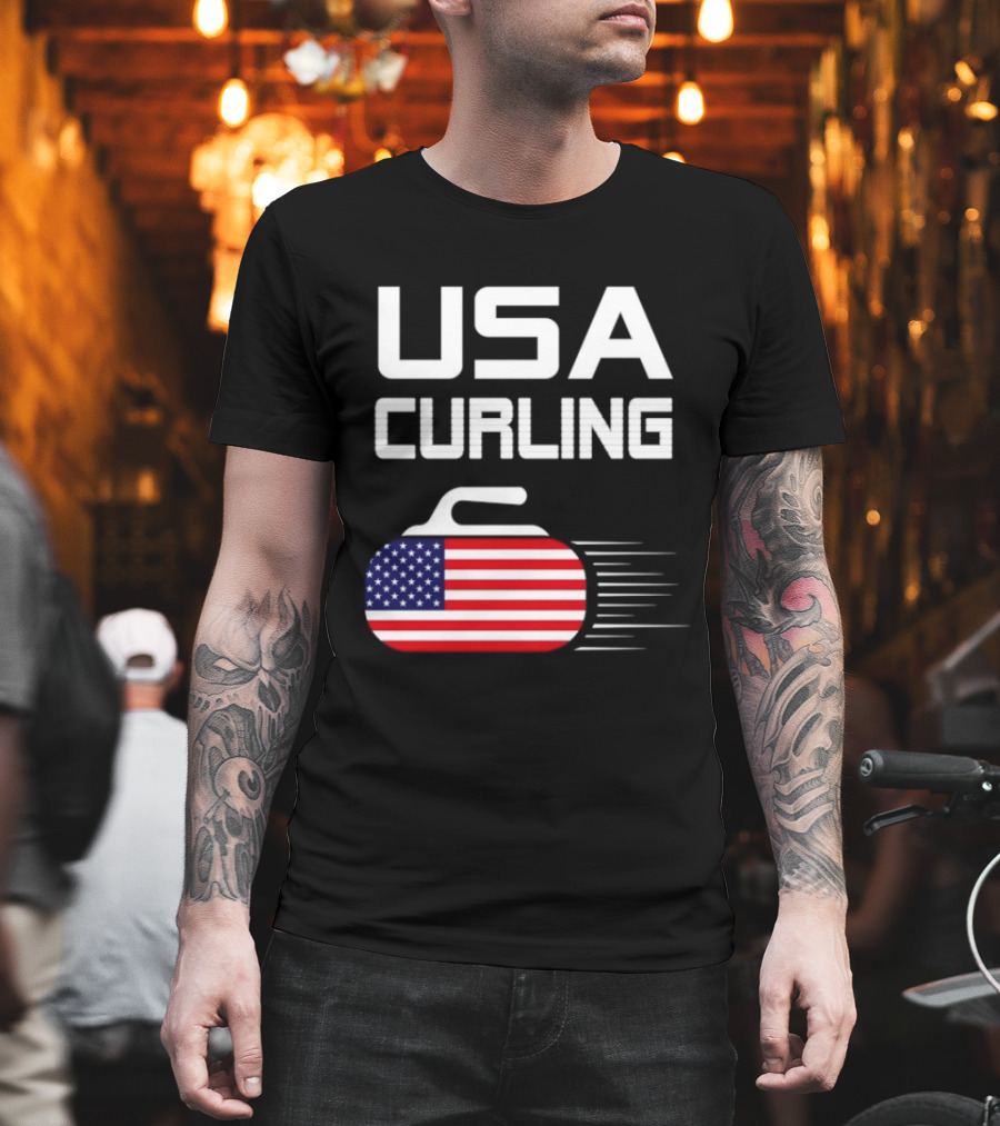 USA Curling American Flag Stone T-Shirt