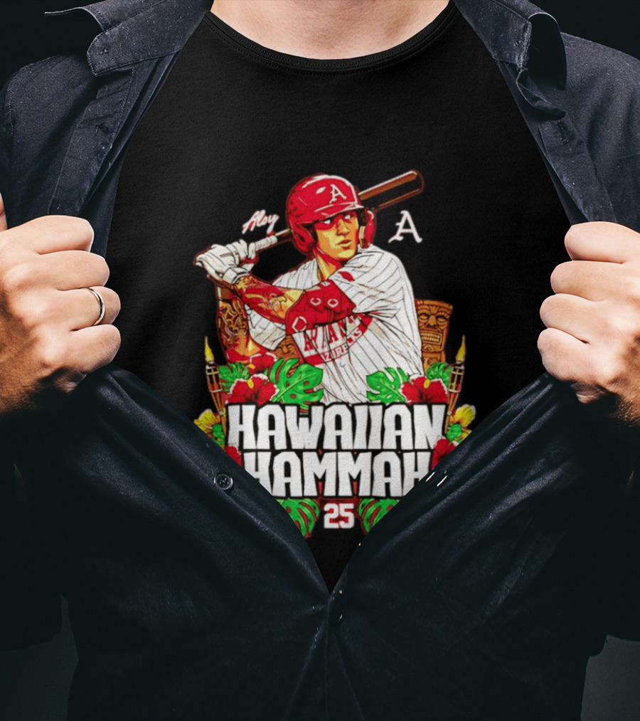 Aloy Hawaiian Hammah Arkansas Baseball 25 Caricature NCAA T-Shirt