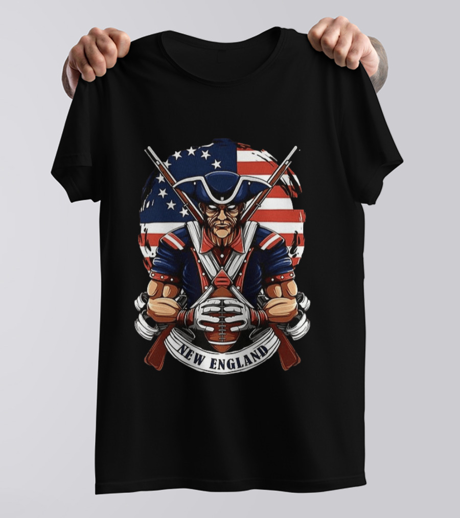 New England Patriots Revolutionary Soldier American Flag Football T-Shirt