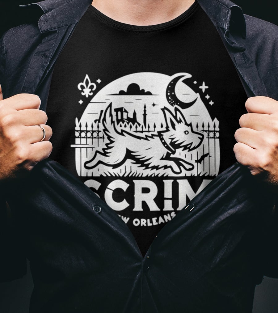 New Orleans Scrim Houdini Hound Live Free Or Bark Trying Moonlit Skyline T-Shirt