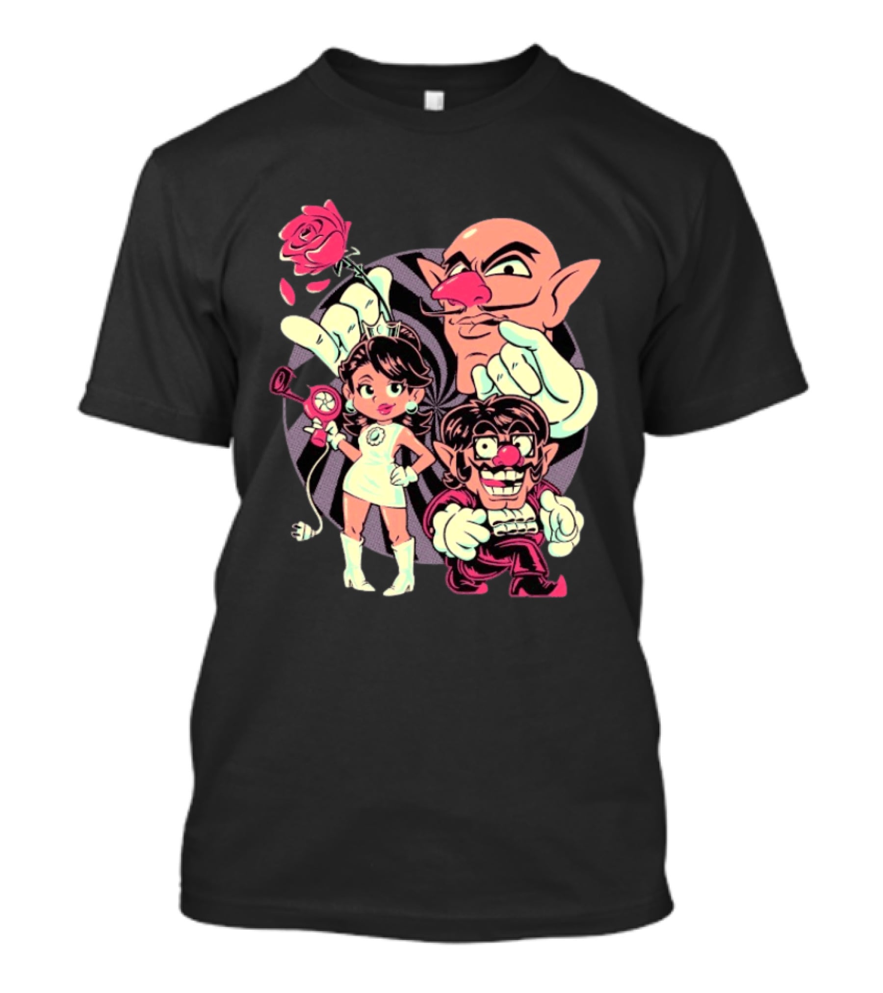 Henrique Torres Oh Be Wah Ve Vintage Cartoon Style Characters And Rose With Electric Plug T-Shirt
