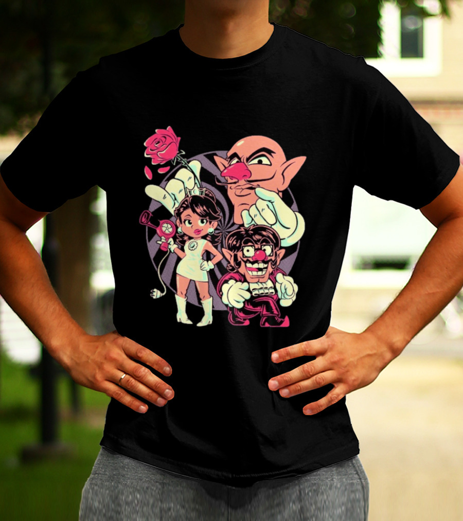 Henrique Torres Oh Be Wah Ve Vintage Cartoon Style Characters And Rose With Electric Plug T-Shirt