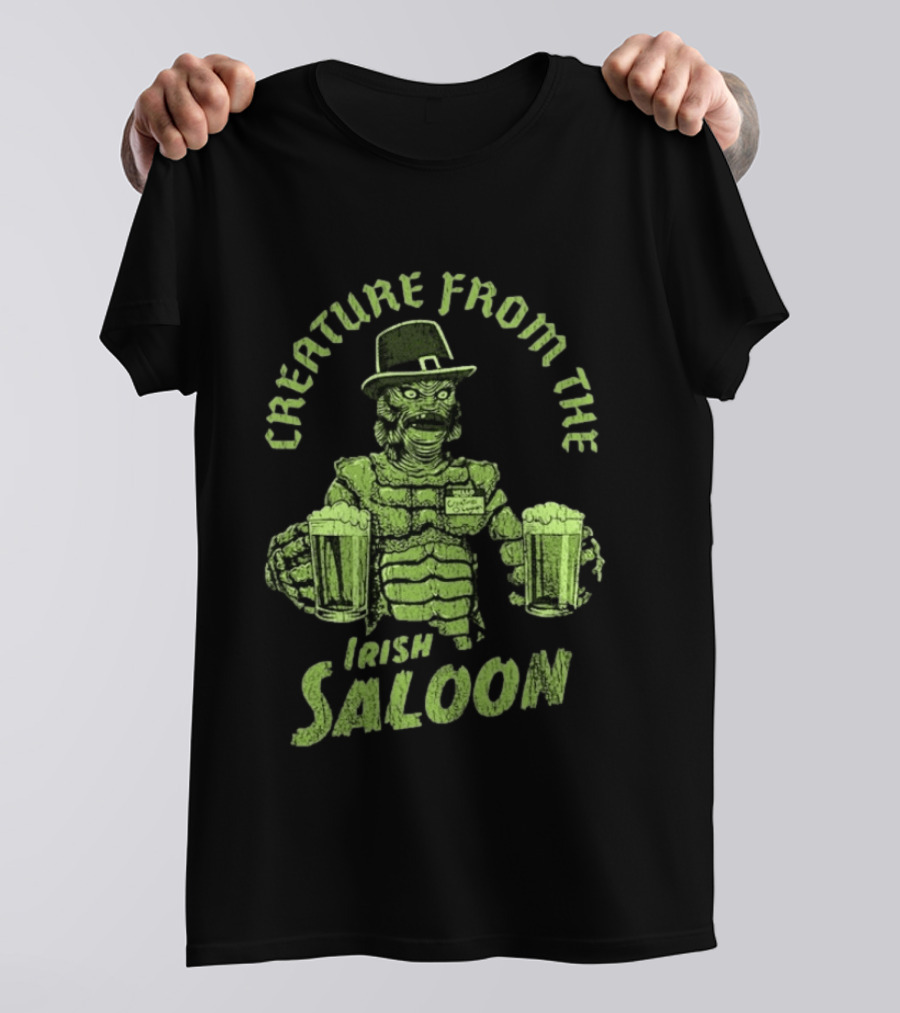 St Patrick's Day Creature From The Irish Saloon Beers Monster In Hat And Name Tag Holding Two Pints T-Shirt