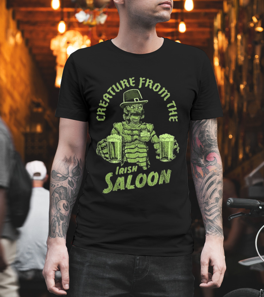 St Patrick's Day Creature From The Irish Saloon Beers Monster In Hat And Name Tag Holding Two Pints T-Shirt