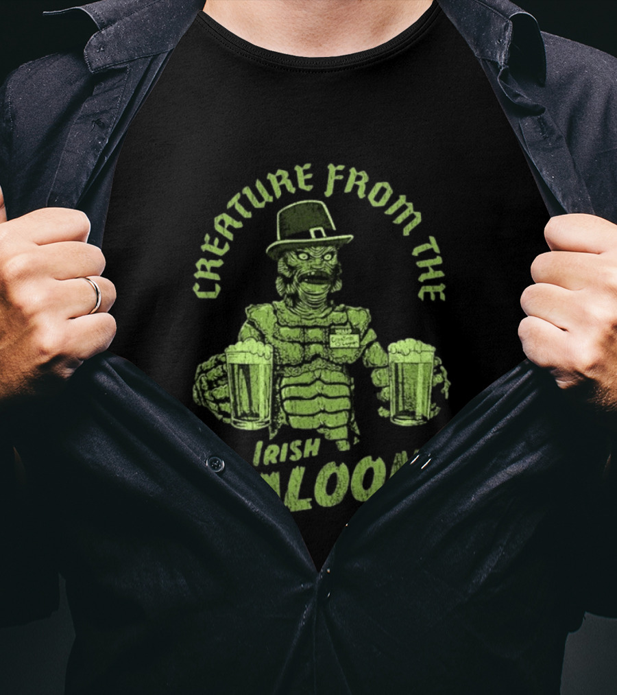 St Patrick's Day Creature From The Irish Saloon Beers Monster In Hat And Name Tag Holding Two Pints T-Shirt